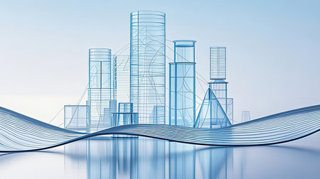 3d render of modern skyscrapers on a blue background.の素材