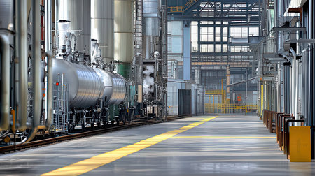 3D render of a modern industrial factory interior with pipelines and equipmentの素材