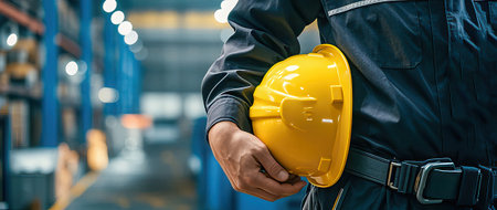 Close-up of male worker holding yellow safety helmet in warehouse.の素材