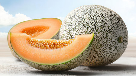 Cantaloupe melon on a table with sky backgroundの素材