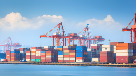 Container Cargo freight ship with working crane bridge in shipyard for Logistic Import Export backgroundの素材