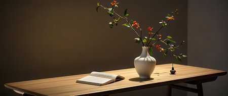 Flower in vase and notebook on wooden table. 3d renderingの素材