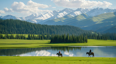 Horse riding on a meadow with mountains reflected in the lakeの素材