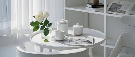 3d render of a white living room with a coffee table and a white wallの素材