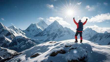 Hiker with raised hands standing on top of a snowy mountain.の素材