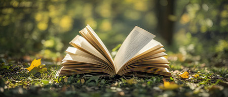 Open book lying on the grass in the forest with autumn leaves.の素材