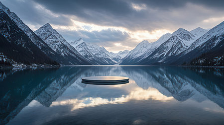 Beautiful winter landscape with lake, mountains and clouds reflected in waterの素材