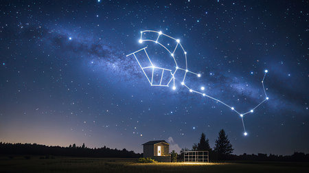 Silhouette of house against night sky with stars and constellationsの素材