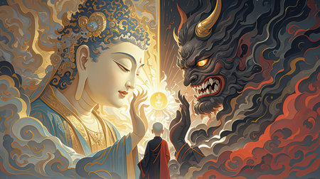 Mystical image of buddha and demon. Vector illustration.の素材