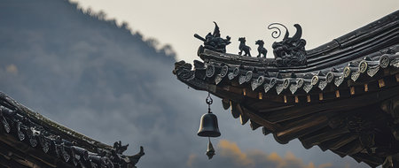 Ancient Chinese temple roof and bell, closeup of photo with blur backgroundの素材