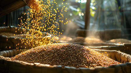 Beans drying in the sun in the bamboo basket.の素材