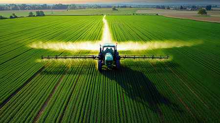 Aerial view on the tractor spraying the chemicals on the large green fieldの素材