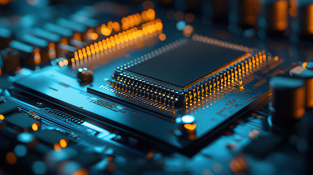 Close-up of a modern electronic circuit board. Technology background.の素材