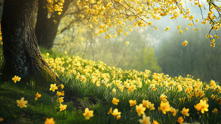 Yellow daffodils in the spring forest. Nature background.の素材