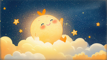 illustration of cute kawaii moon on night sky background.の素材
