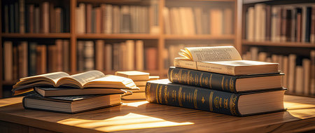 Books on a wooden table in the library. 3d rendering.の素材