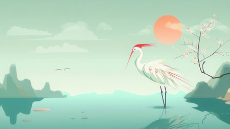 Vector illustration of a white crane on a background of mountains and skyの素材
