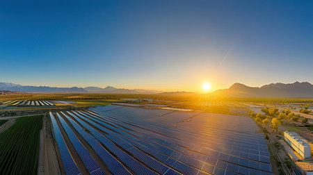 Solar power plant, sunset and blue sky.の素材