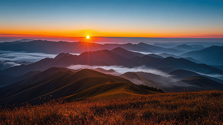 Foggy sunrise in the mountains. Colorful summer landscape.の素材