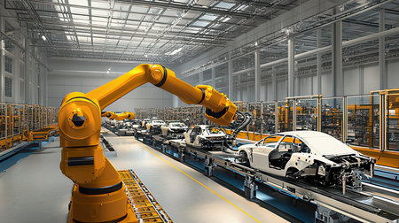 3d rendering robotic arm working on assembly line of a car factoryの素材