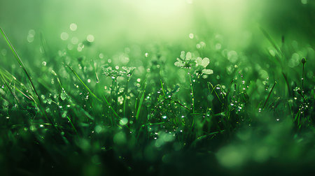 Fresh green grass with dew drops close up. Nature background.の素材