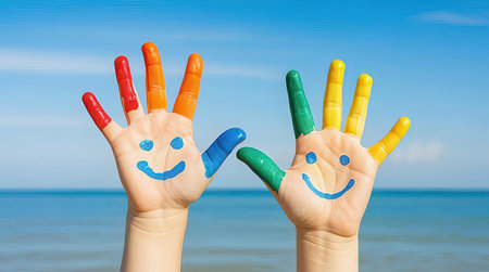 hands with painted smiley faces on the beach, summer vacation conceptの素材