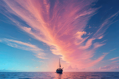 Sailing boat in the sea at sunset. Colorful sky.の素材