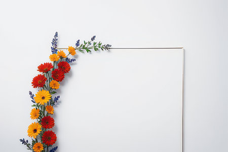 Flower frame on white background. Flat lay, top view.の素材