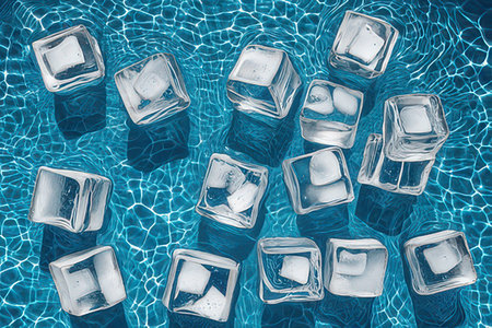 Ice cubes in swimming pool background. Top view. Copy space.の素材