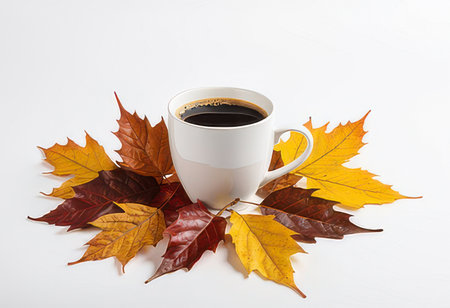 Cup of coffee and autumn leaves on white background, top viewの素材
