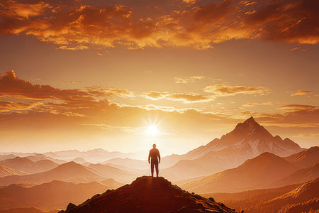 Man standing on top of a mountain at sunset. 3d renderingの素材