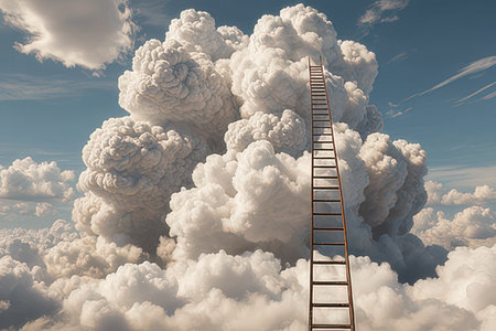 Conceptual image with ladder leading to big cloud. 3d illustrationの素材
