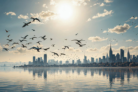 Cityscape with flying seagulls on the background of the lakeの素材