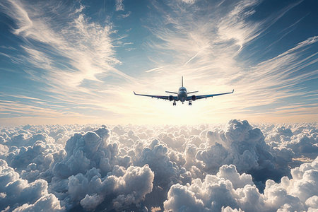 Commercial airplane flying above clouds in blue sky. 3d render illustrationの素材