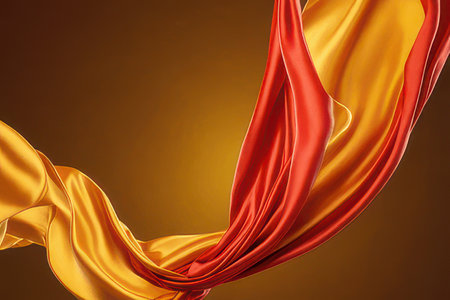 Golden and red satin fabric on a brown background. 3d rendering image.の素材