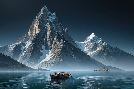 Fantasy landscape with mountains and a boat in the lake. 3D renderingの素材