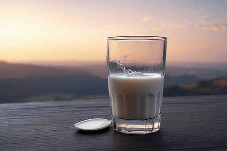 Glass of milk on wooden table with sunrise background. Healthy drink.の素材