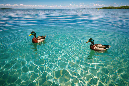 Mallard ducks swimming on a lake. Beautiful summer landscape.の素材