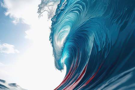 3d illustration of blue ocean wave with white clouds in the backgroundの素材