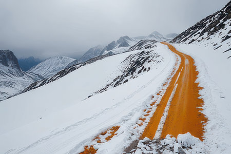 Snowy road in Caucasus mountains, Georgia, region Gudauri.の素材