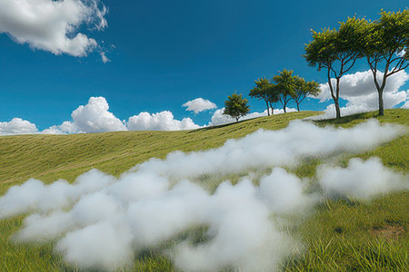 3D rendering of grassland and trees in the sky with cloudsの素材