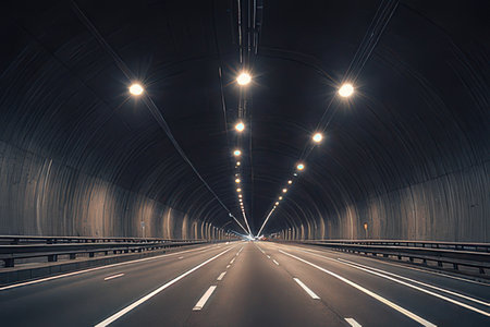 Asphalt road tunnel with lights and car moving fast at night.の素材