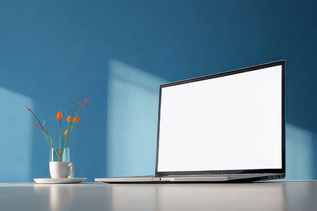 Laptop with blank screen on white table and blue wall background.の素材