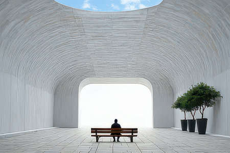 Man sitting on a bench in the interior of a modern building.の素材