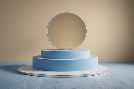 3d render of blue podium with round mirror on wooden floor.の素材