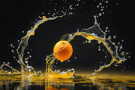 Fresh orange with water splash on black background. Healthy food concept.の素材