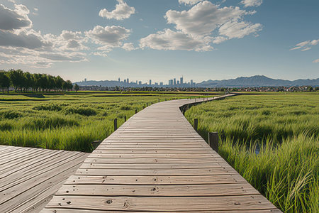 Wooden walkway in rice field with modern city skyline in the backgroundの素材