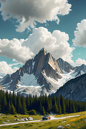 Mountains landscape with blue sky and white clouds. 3d renderingの素材