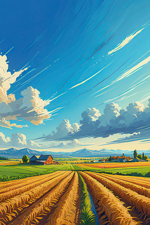 Agricultural landscape with a farm house on the horizon and blue skyの素材