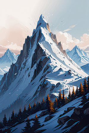Mountains with snow and coniferous forest, vector illustration.の素材